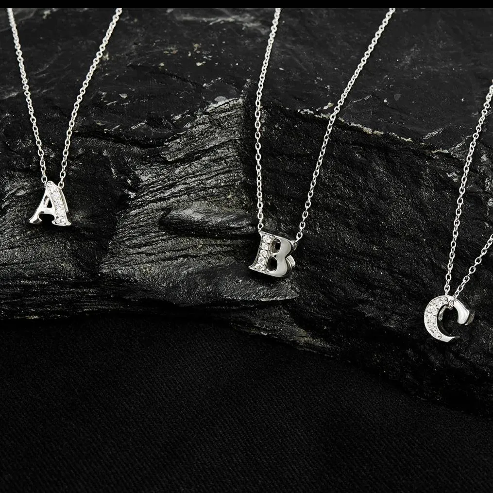 Diamond Initial Letter Pendant Necklace Silver E