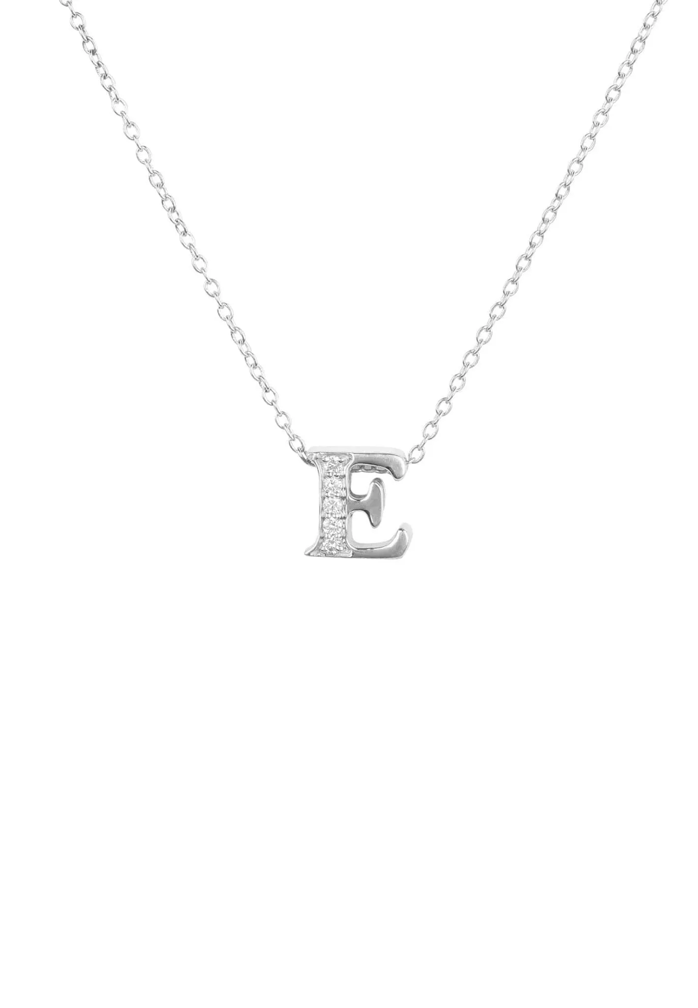 Diamond Initial Letter Pendant Necklace Silver E