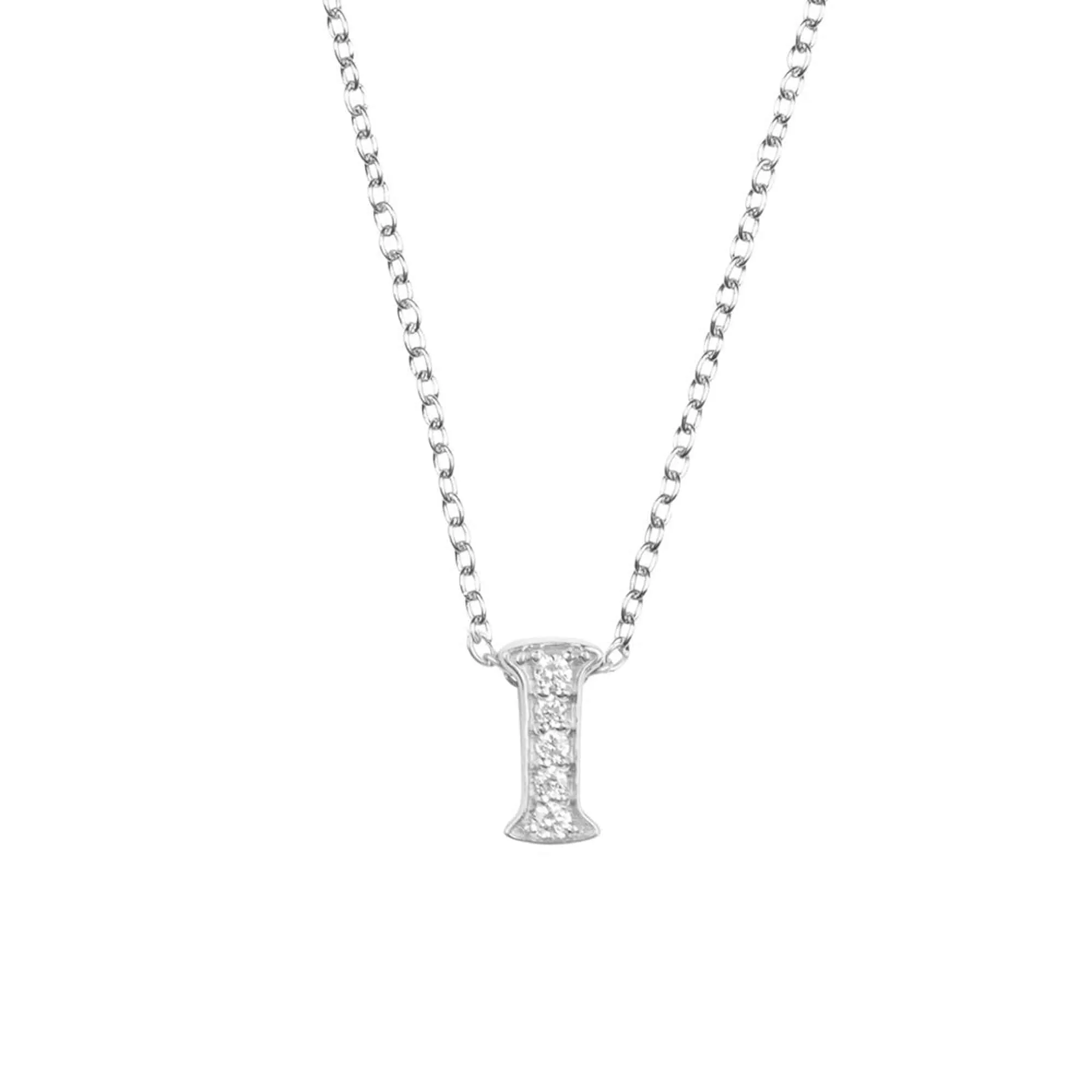 Diamond Initial Letter Pendant Necklace Silver I