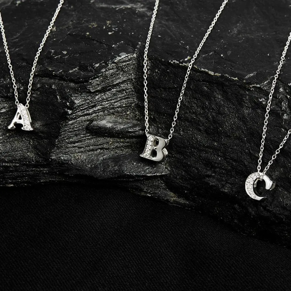 Diamond Initial Letter Pendant Necklace Silver J