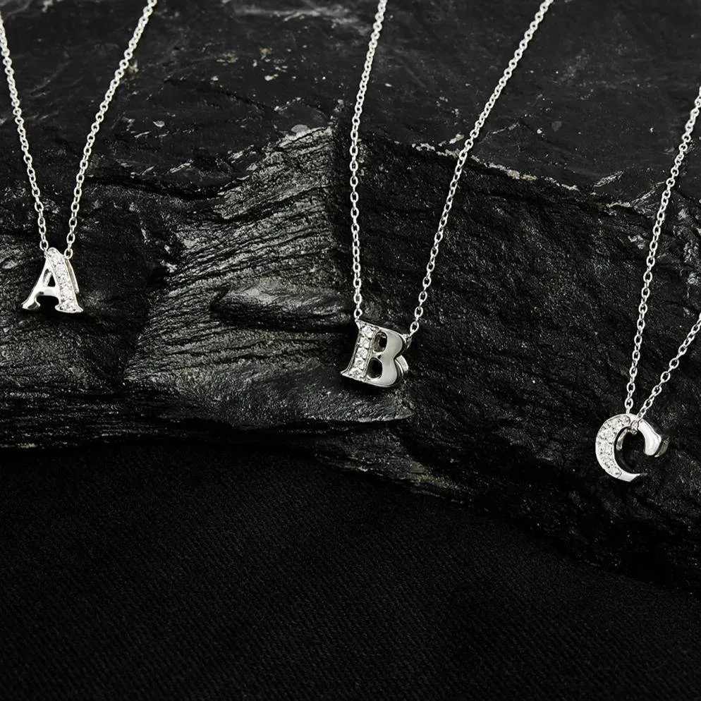 Diamond Initial Letter Pendant Necklace Silver O