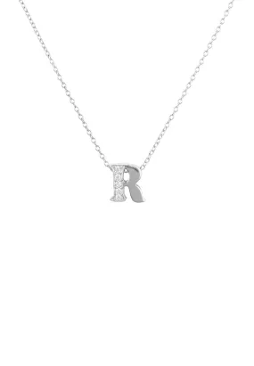 Diamond Initial Letter Pendant Necklace Silver R