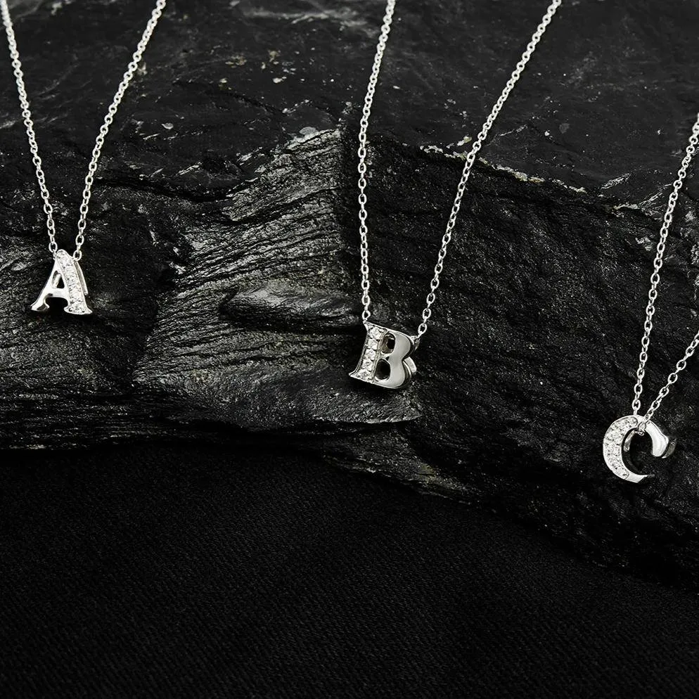 Diamond Initial Letter Pendant Necklace Silver R