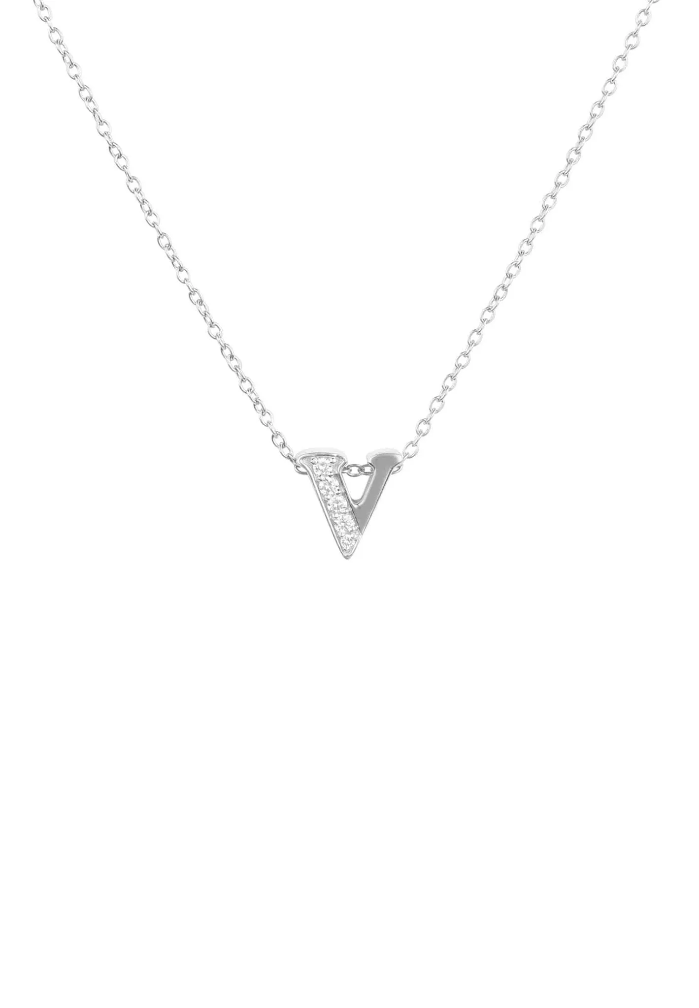 Diamond Initial Letter Pendant Necklace Silver V