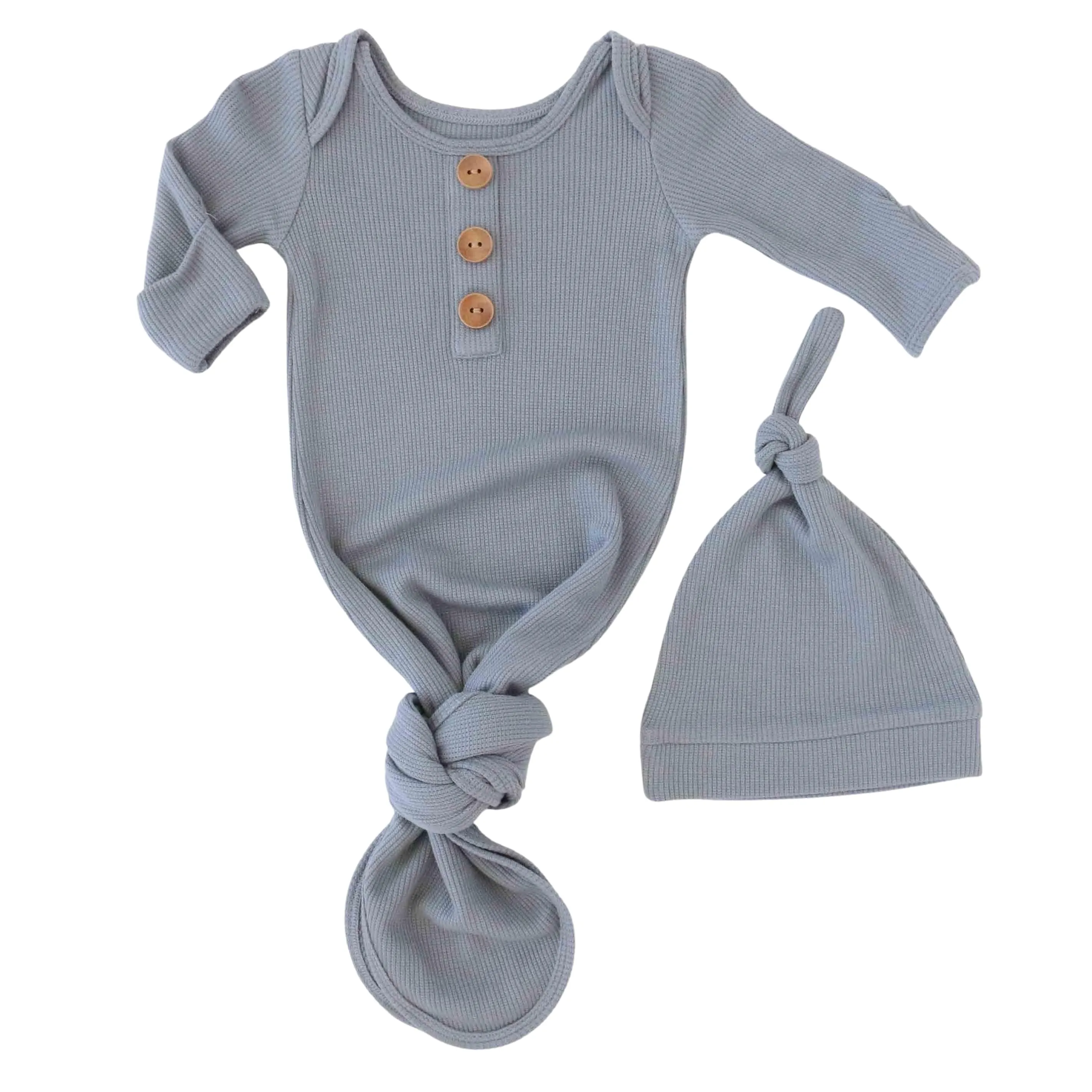 Dusty Denim Waffle Bamboo Newborn Baby Knot Gown & Hat Set