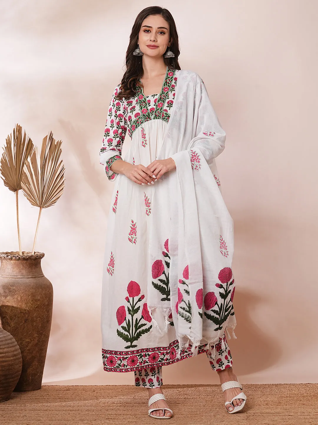 Ethnic Floral Block Printed A-Line Pleated Kurta with Pant and Printed Dupatta - White