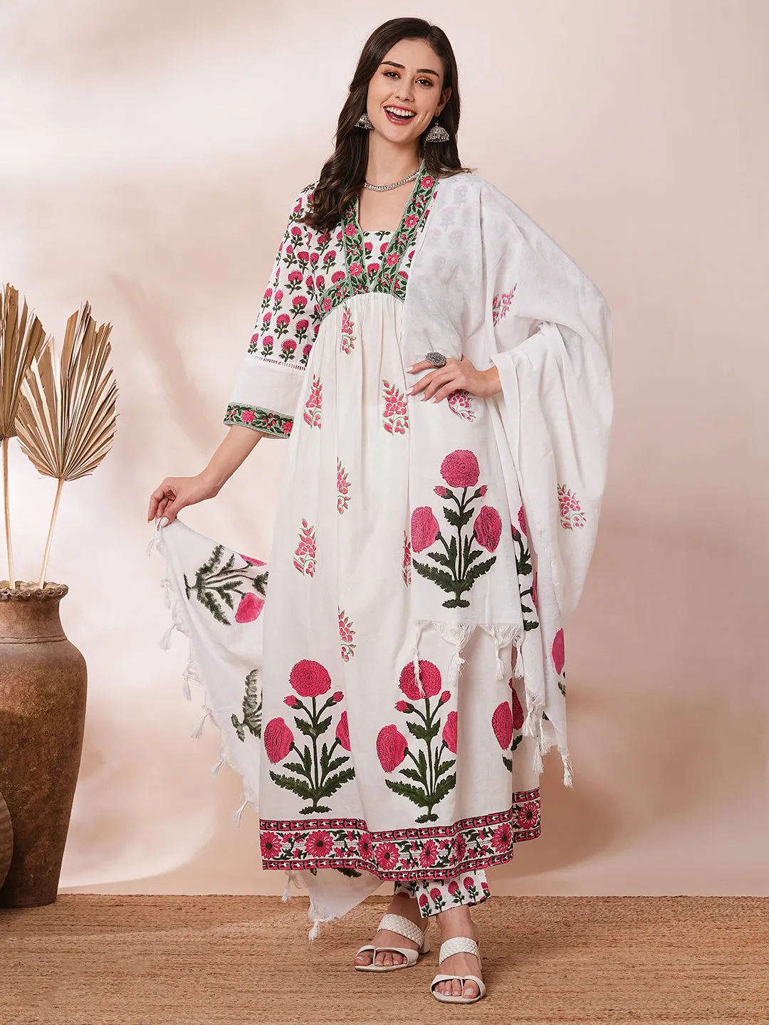 Ethnic Floral Block Printed A-Line Pleated Kurta with Pant and Printed Dupatta - White