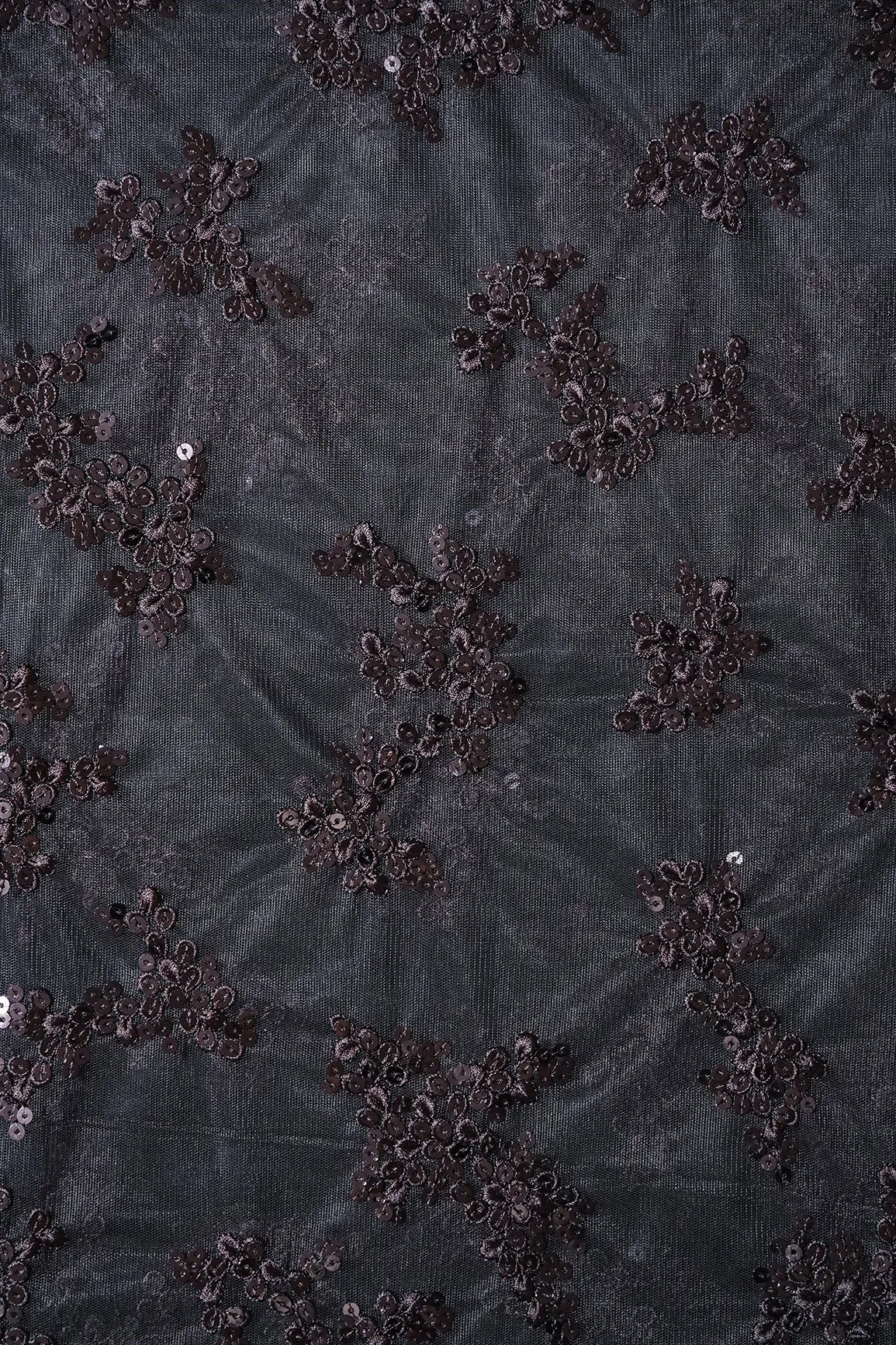 Exclusive Black Thread With Sequins Abstract Embroidery Work On Black Soft Net Fabric