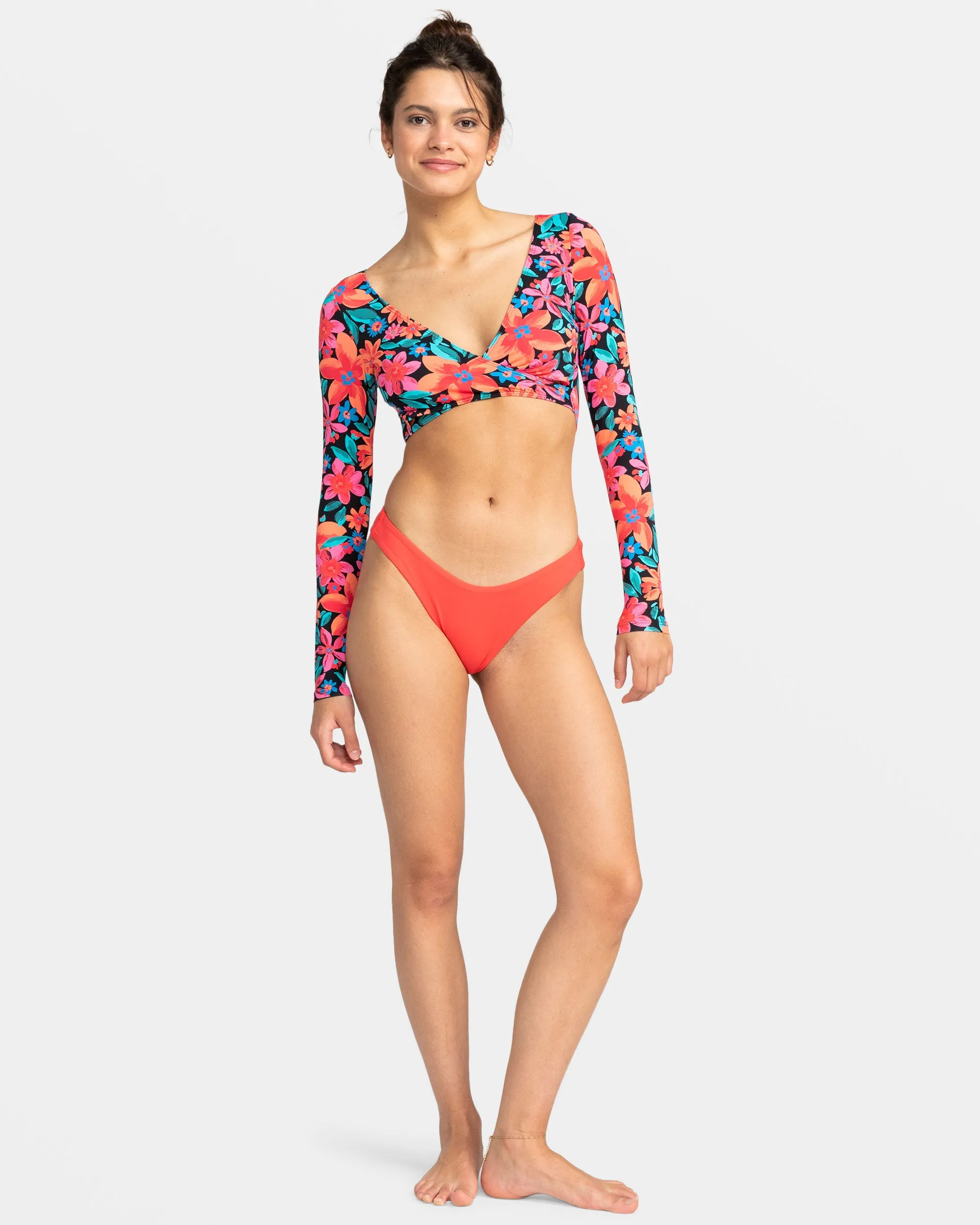 Floral Fiesta Long Sleeve Rashguard Crop Top - Anthracite Floral Fiesta