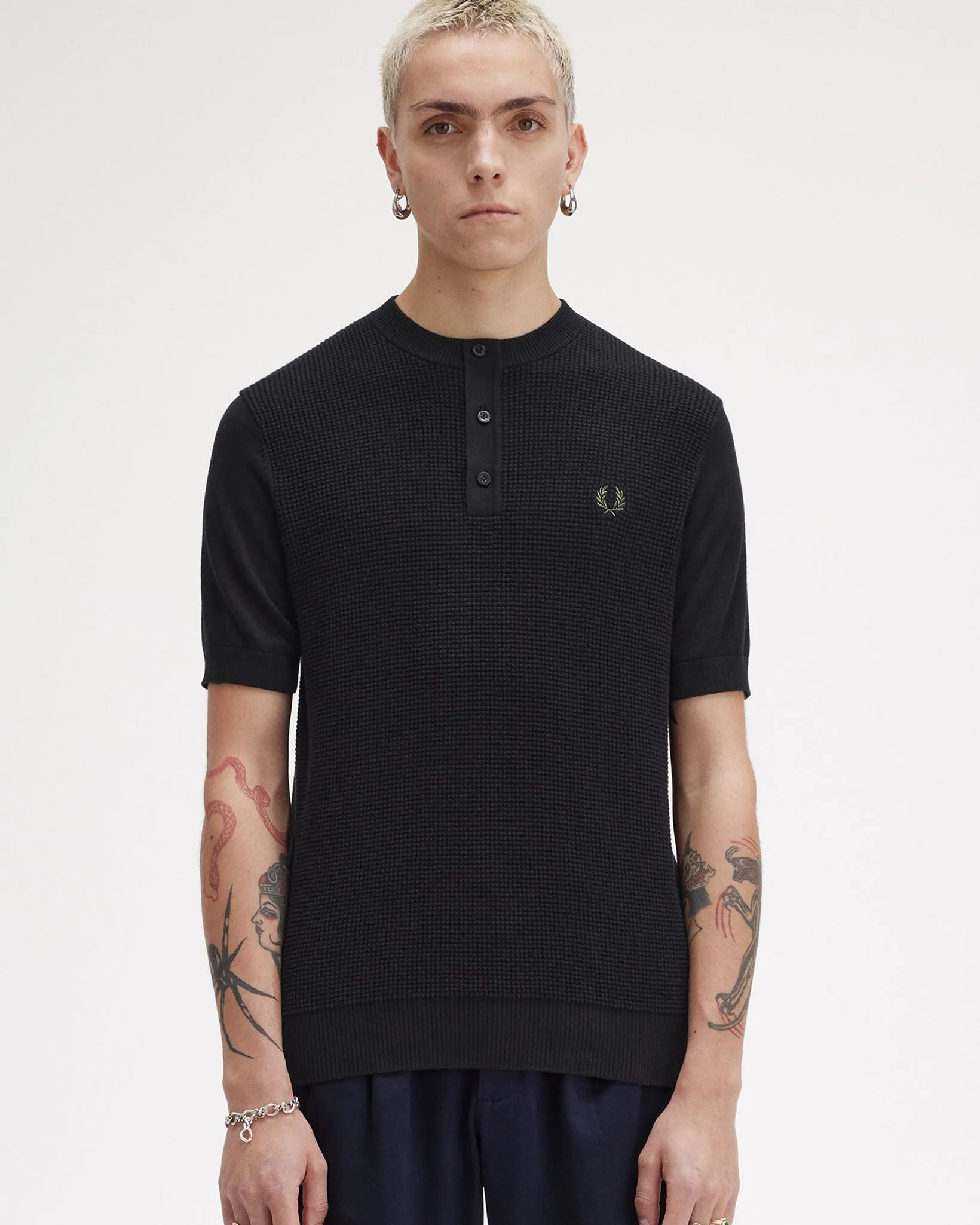 Fred Perry Waffle Stitch Henley Shirt - Black