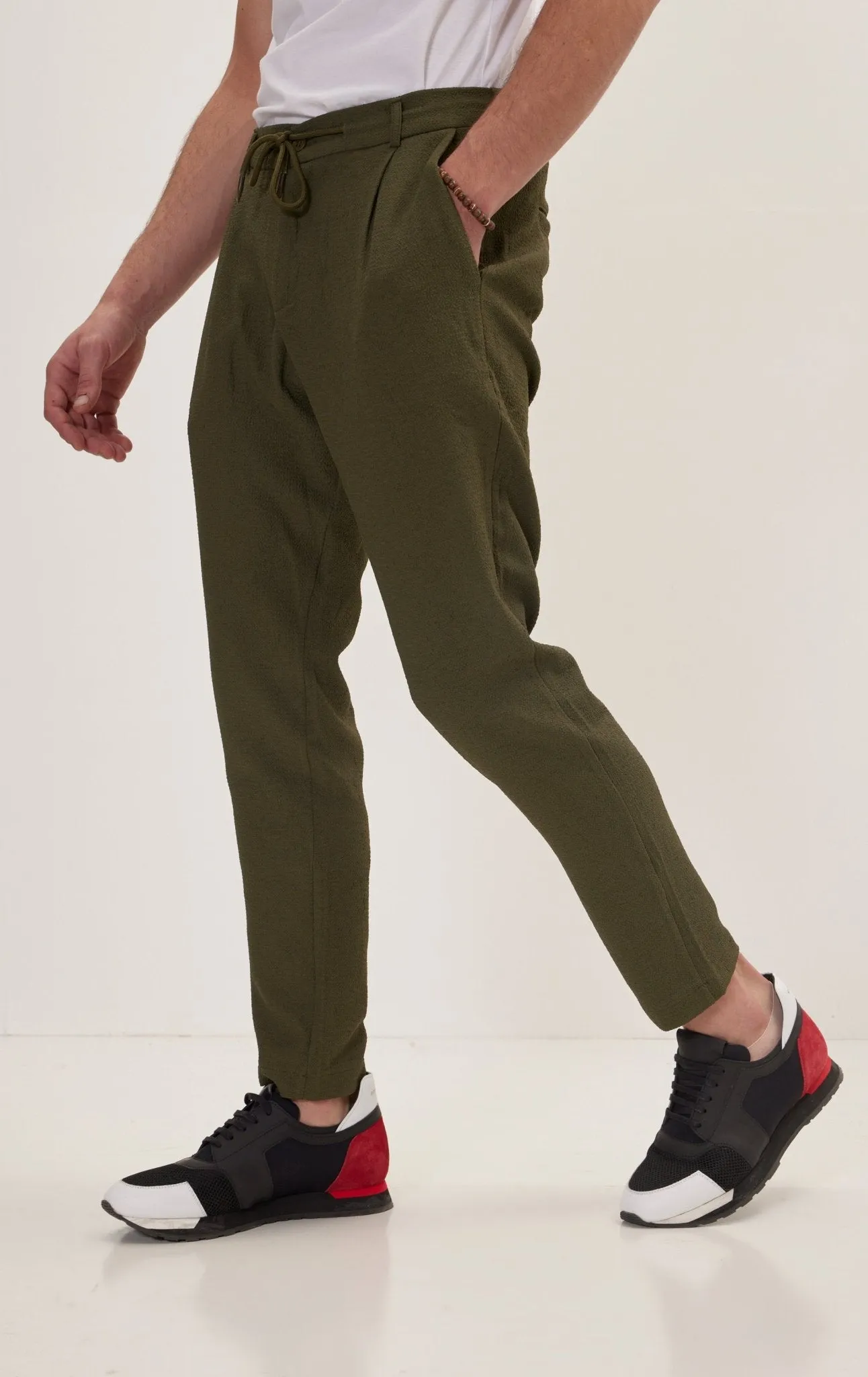 Front Pleated Waffle Pants - Green