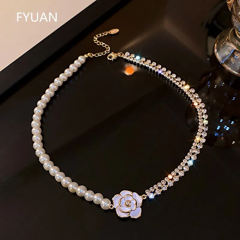 FYUAN Elegant White Flower Crystal Choker Necklaces for Women Pearl Chain Rhinestone Necklaces Weddings Jewelry