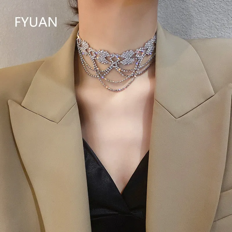 FYUAN Hollow Geometric Crystal Choker Necklaces for Women Long Tassel Rhinestone Necklaces Weddings Jewelry