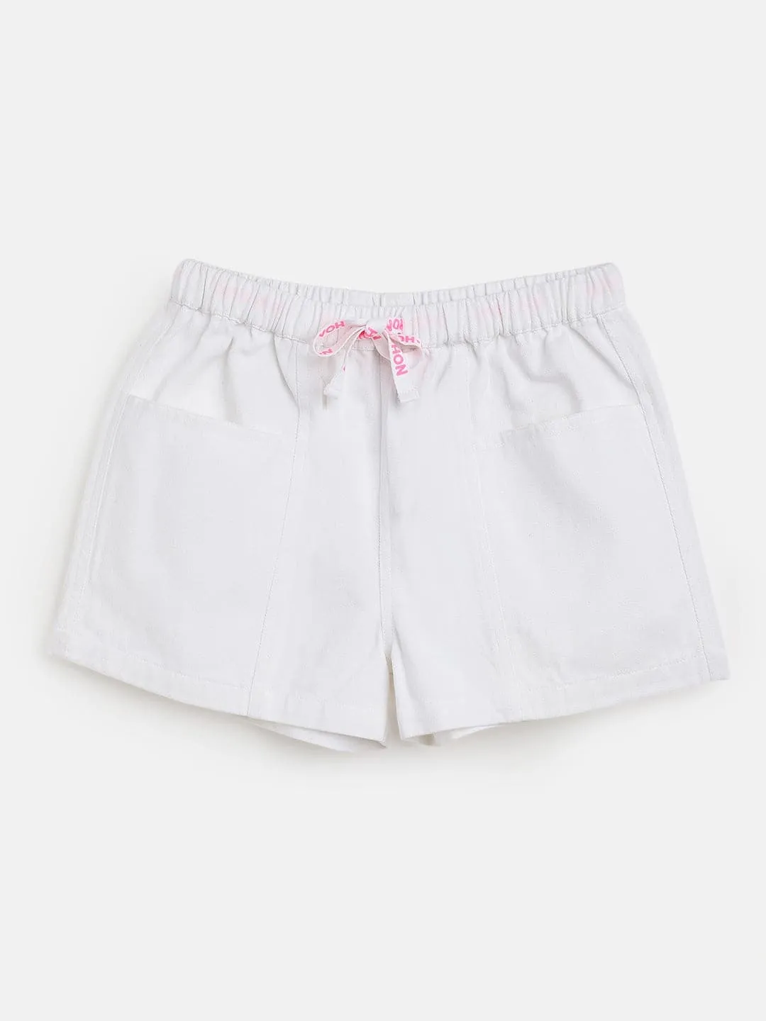 Girls White Twill Drawstring Shorts