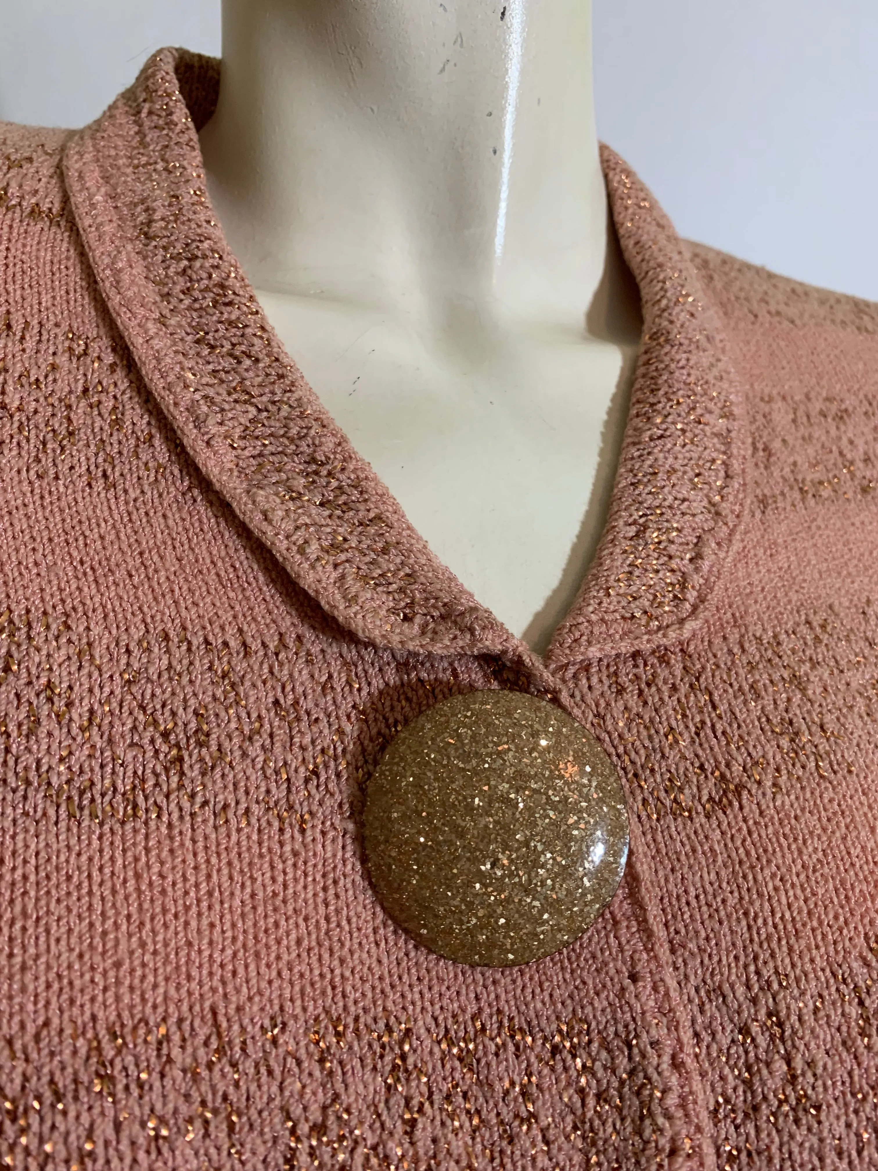 Golden Metallic Striped Pink Knit Cardigan Sweater with Gold Confetti Buttons circa 1940s