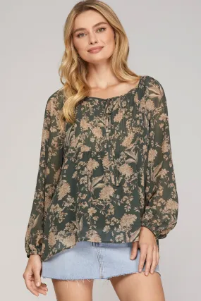 Green Floral Tie Neck Blouse