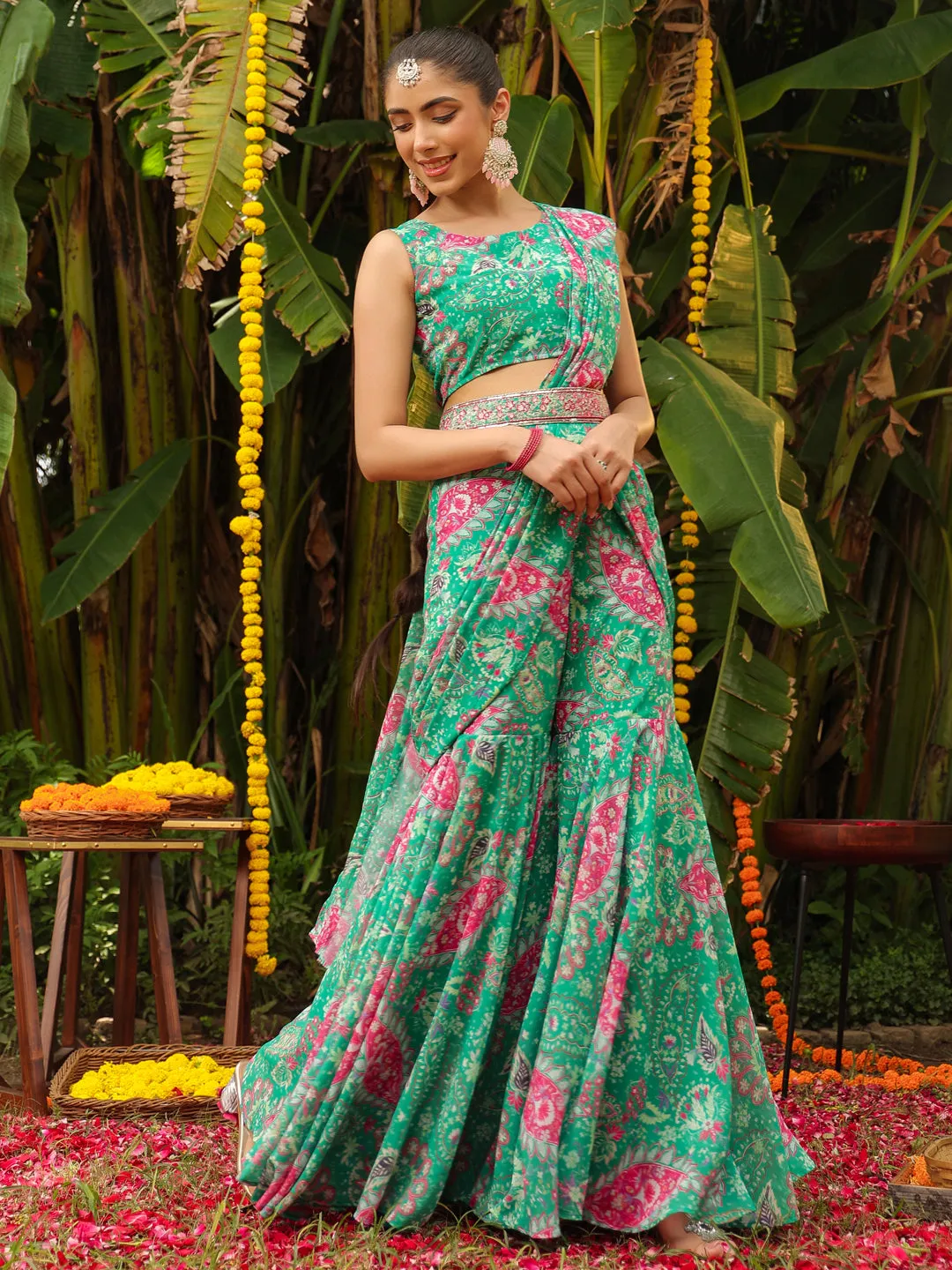 Green Georgette Floral Printed Ready To Wear Sharara Saree