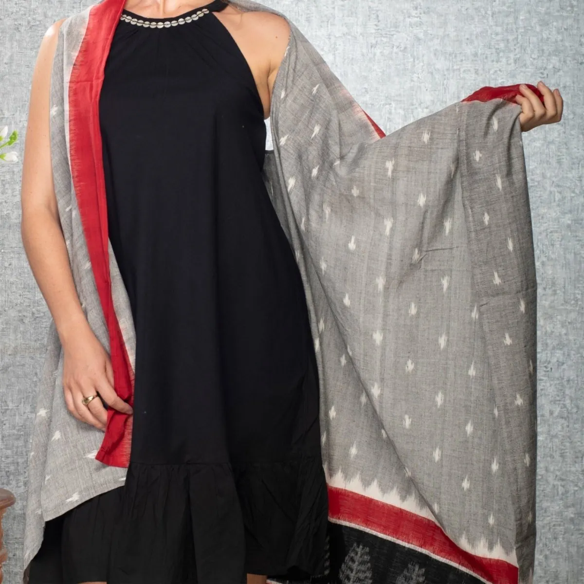 Grey & Red Ikat Handmade Long Shrug