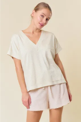 Jacquard V-Neck Dolman Short Sleeve Top