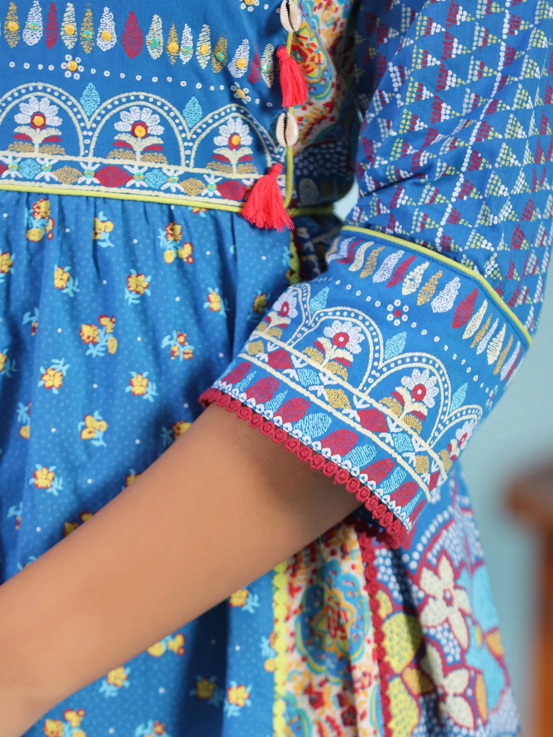 Juniper Blue Floral Printed Pure Cotton Dress With Beads & sequins Work