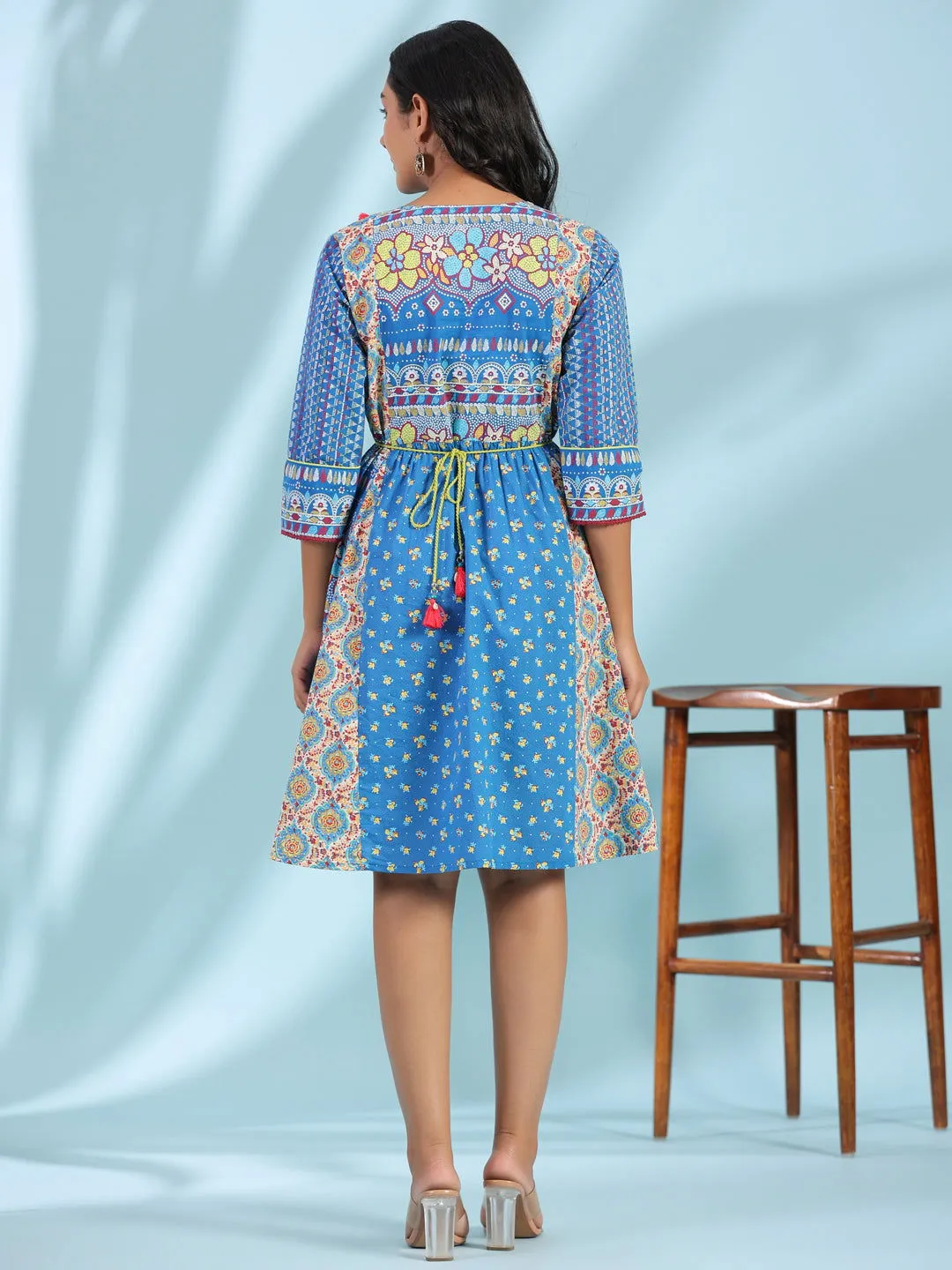 Juniper Blue Floral Printed Pure Cotton Dress With Beads & sequins Work