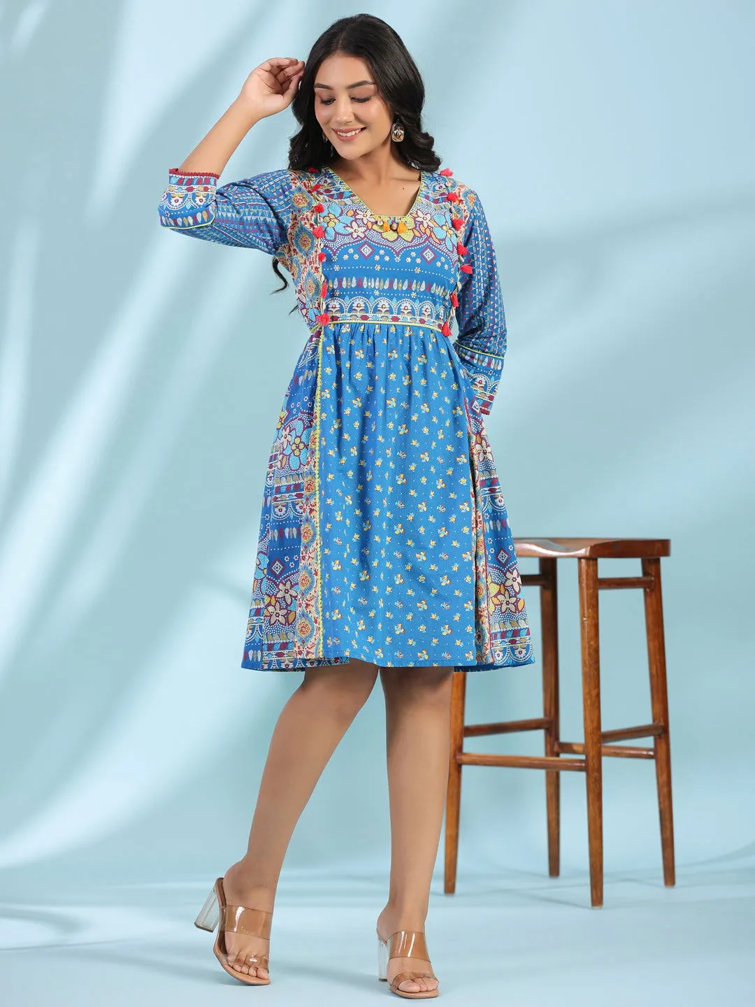 Juniper Blue Floral Printed Pure Cotton Dress With Beads & sequins Work