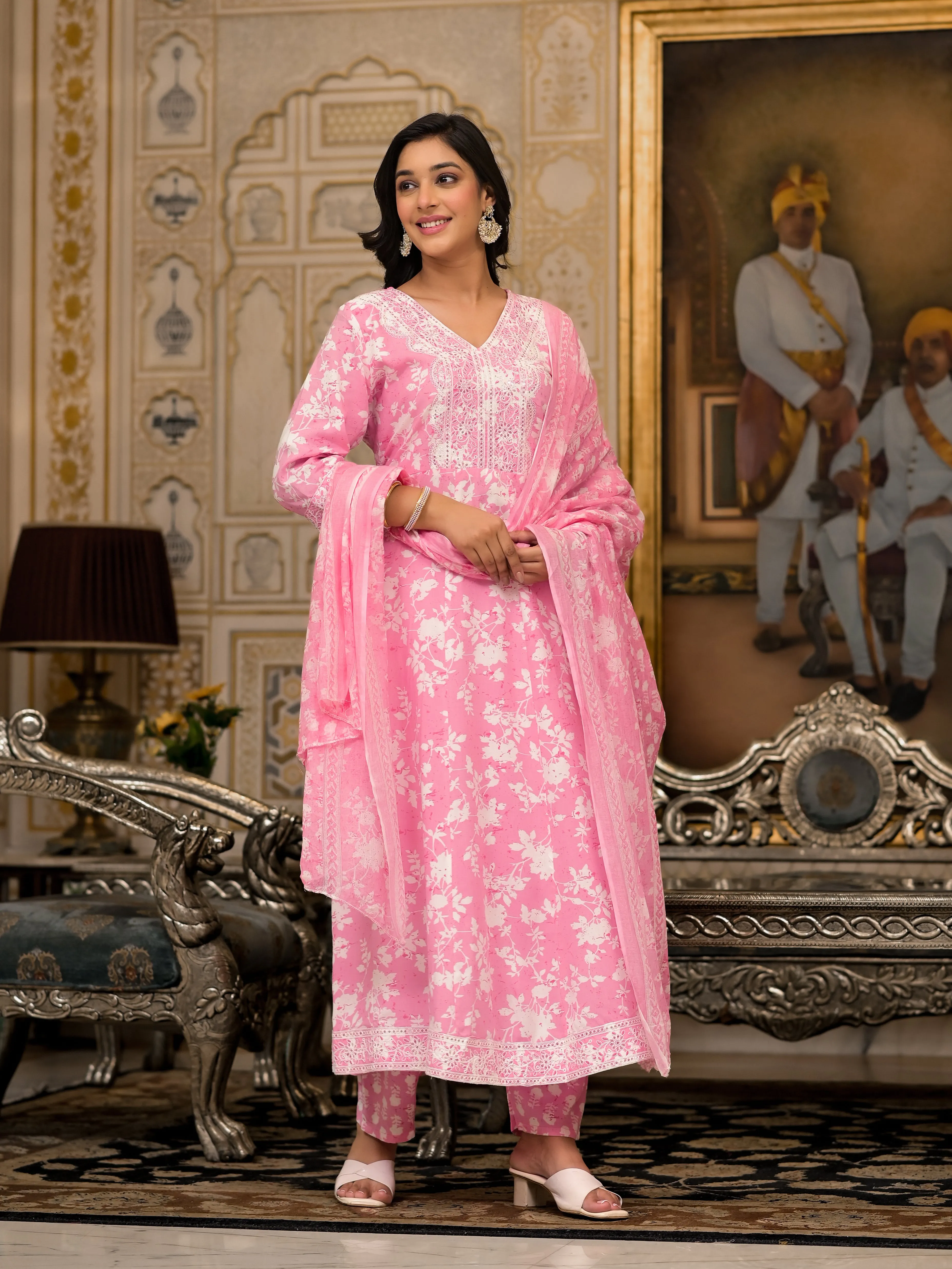 Juniper Pink Floral Printed Rayon Kurta, Pant And Dupatta Set With Thread & Sequins Work