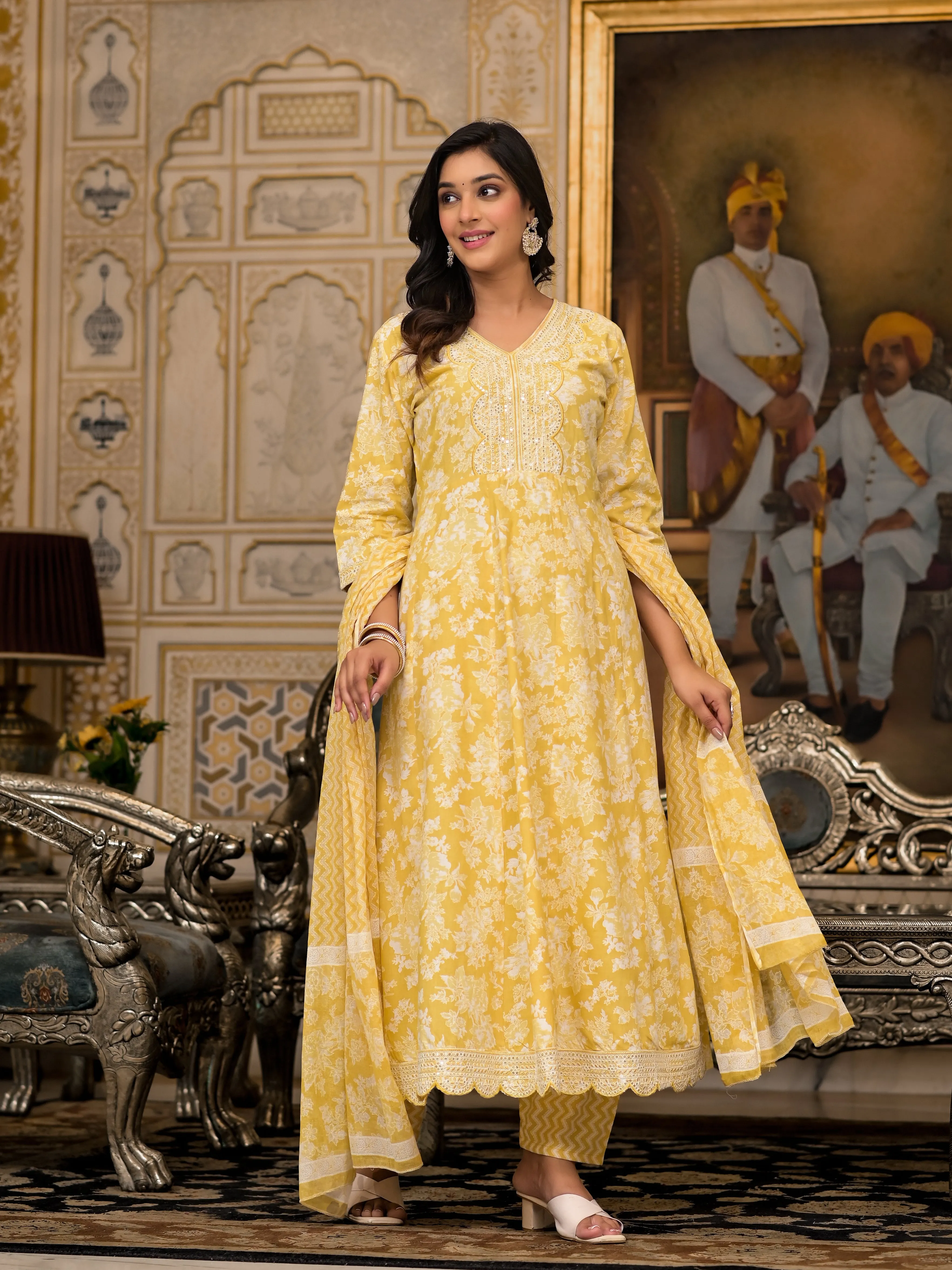 Juniper Yellow Floral Printed Rayon Kurta With Pant And Dupatta With Thread & Sequins Work