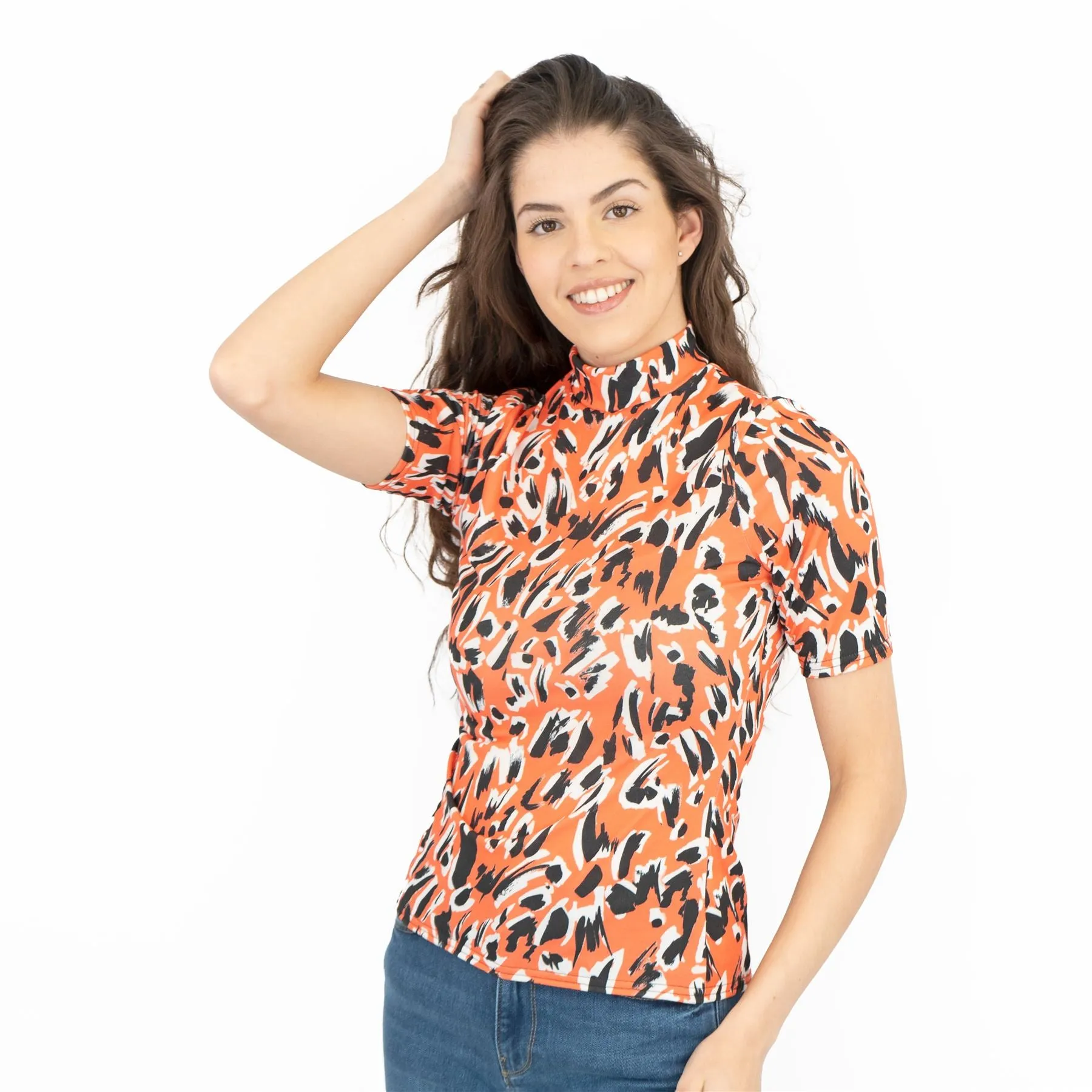 Karen Millen Orange Print Short Sleeve High Neck Tops