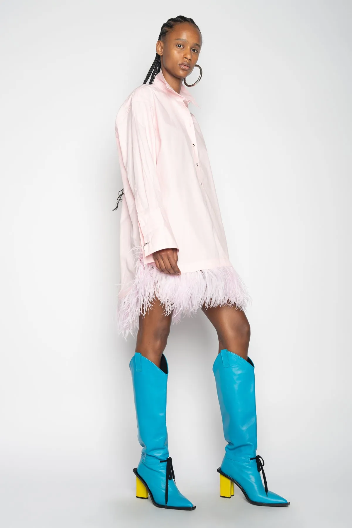 LIGHT PINK FEATHER HEM SHIRT DRESS