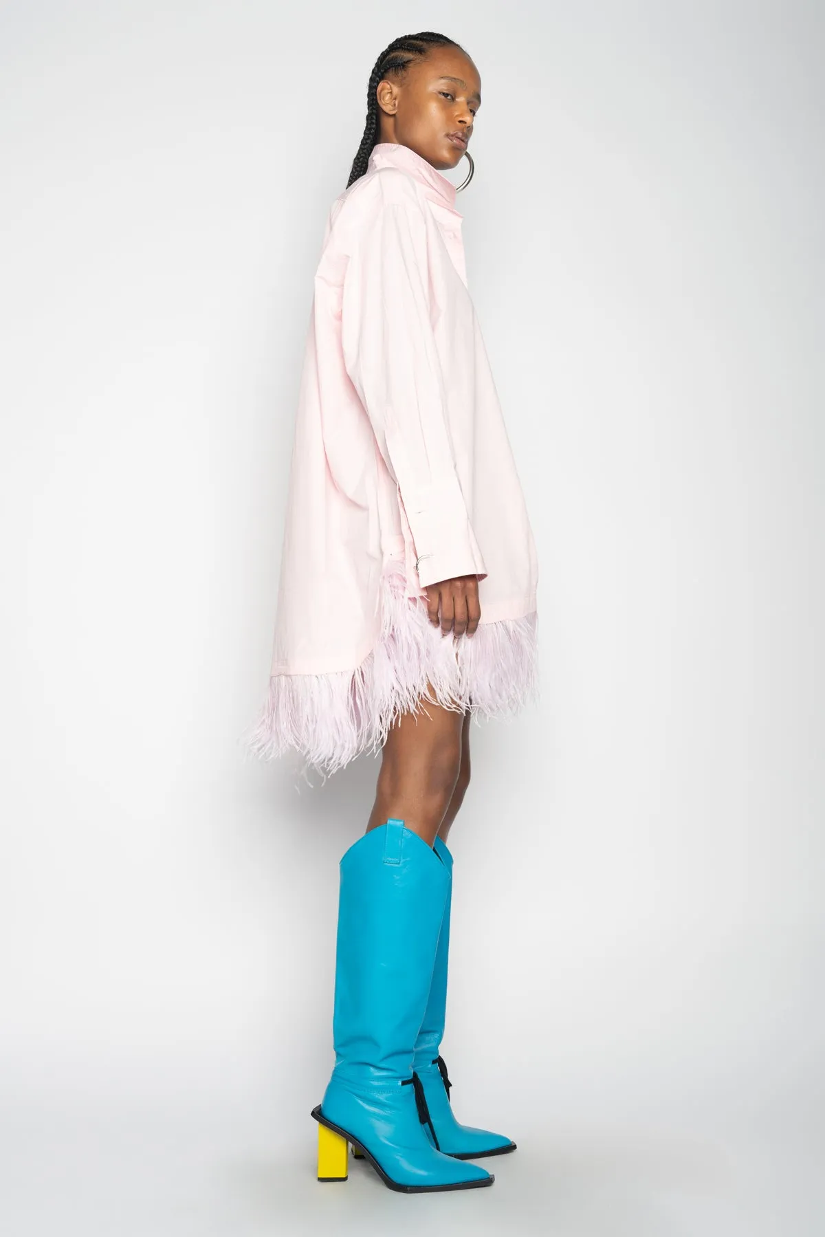 LIGHT PINK FEATHER HEM SHIRT DRESS