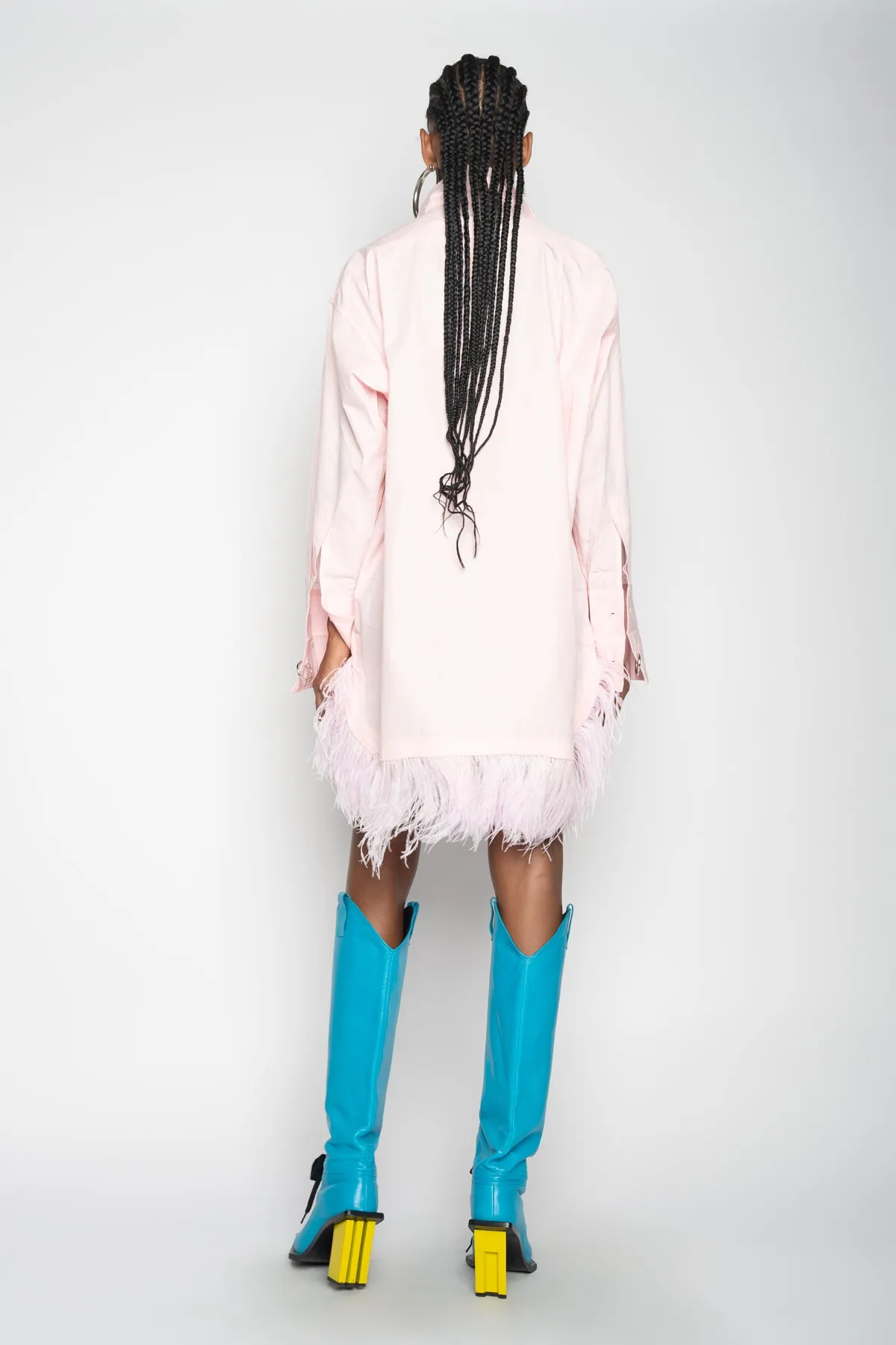 LIGHT PINK FEATHER HEM SHIRT DRESS