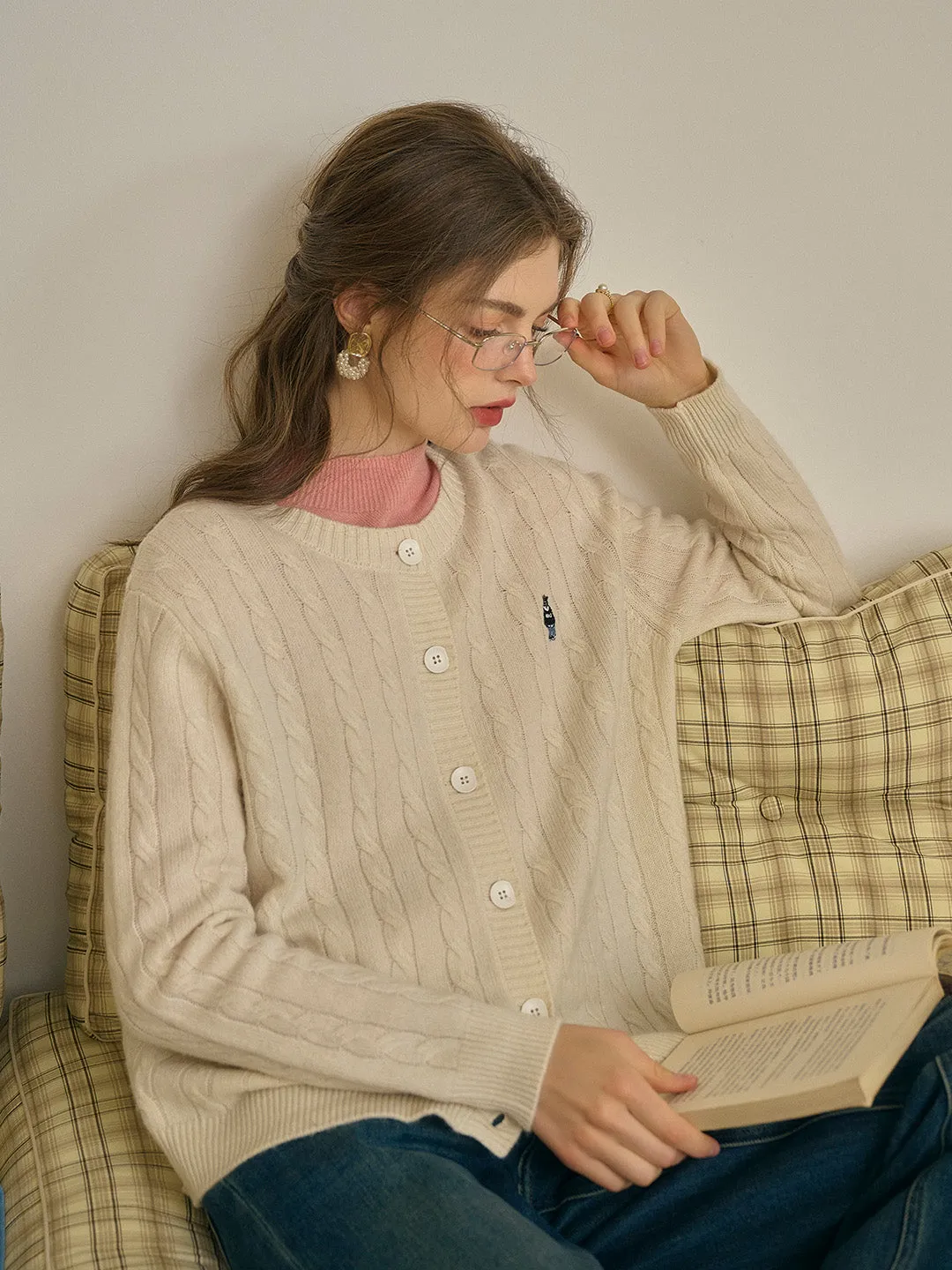 Louisa Classic Round Neck Embroidered Knitted Cardigan-Apricot