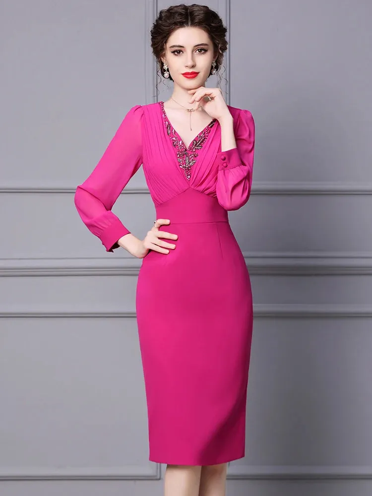 Luxury Beaded V-Neck Empire Cocktail Party Dress for Women | 2024 Spring Elegant Long Sleeve Pencil Dress for Office & Evening Wear