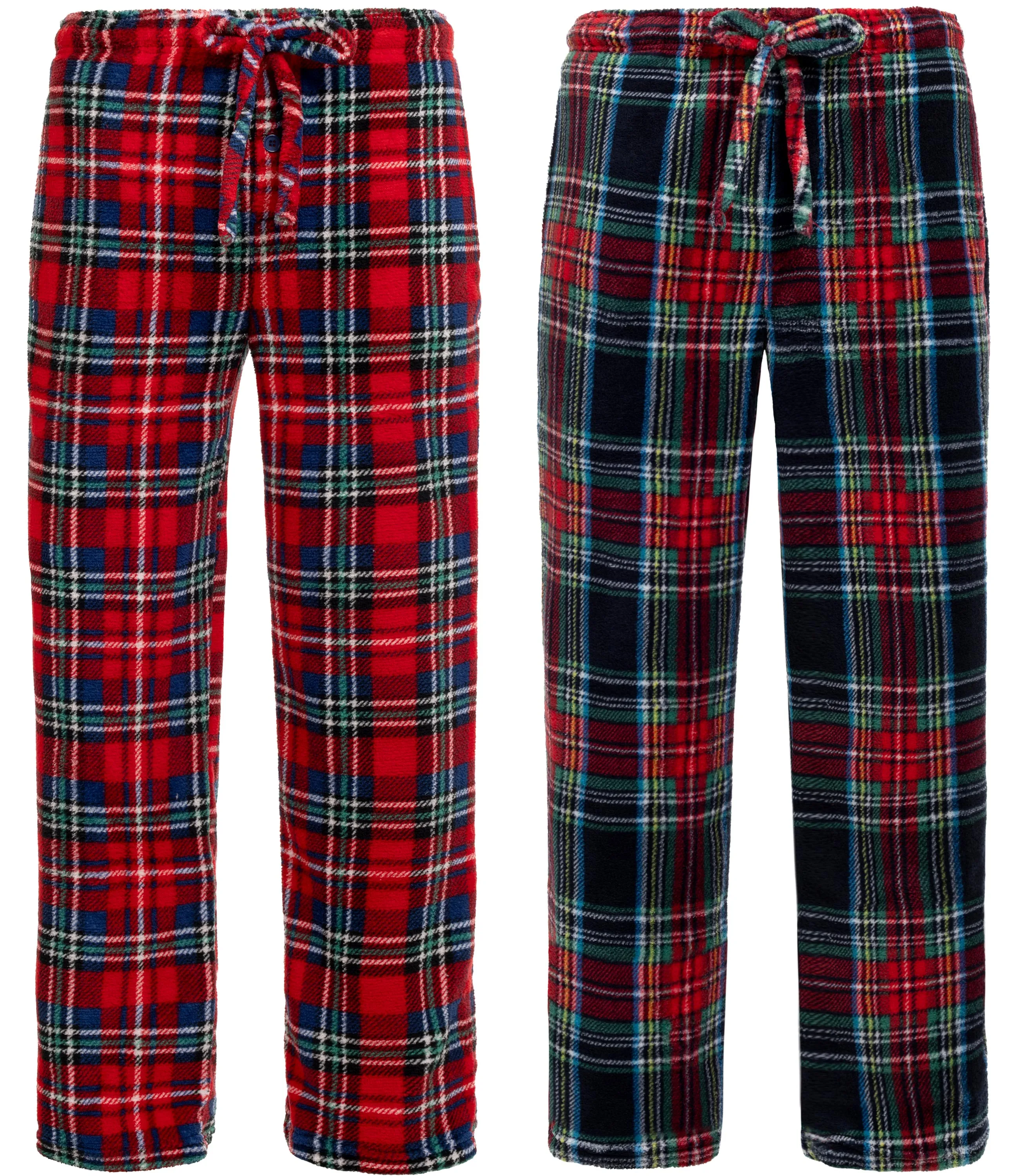 Men's 2-Pack Flannel Plaids Fleece Pajama Pants, Soft Plush Lounge PJ Bottoms