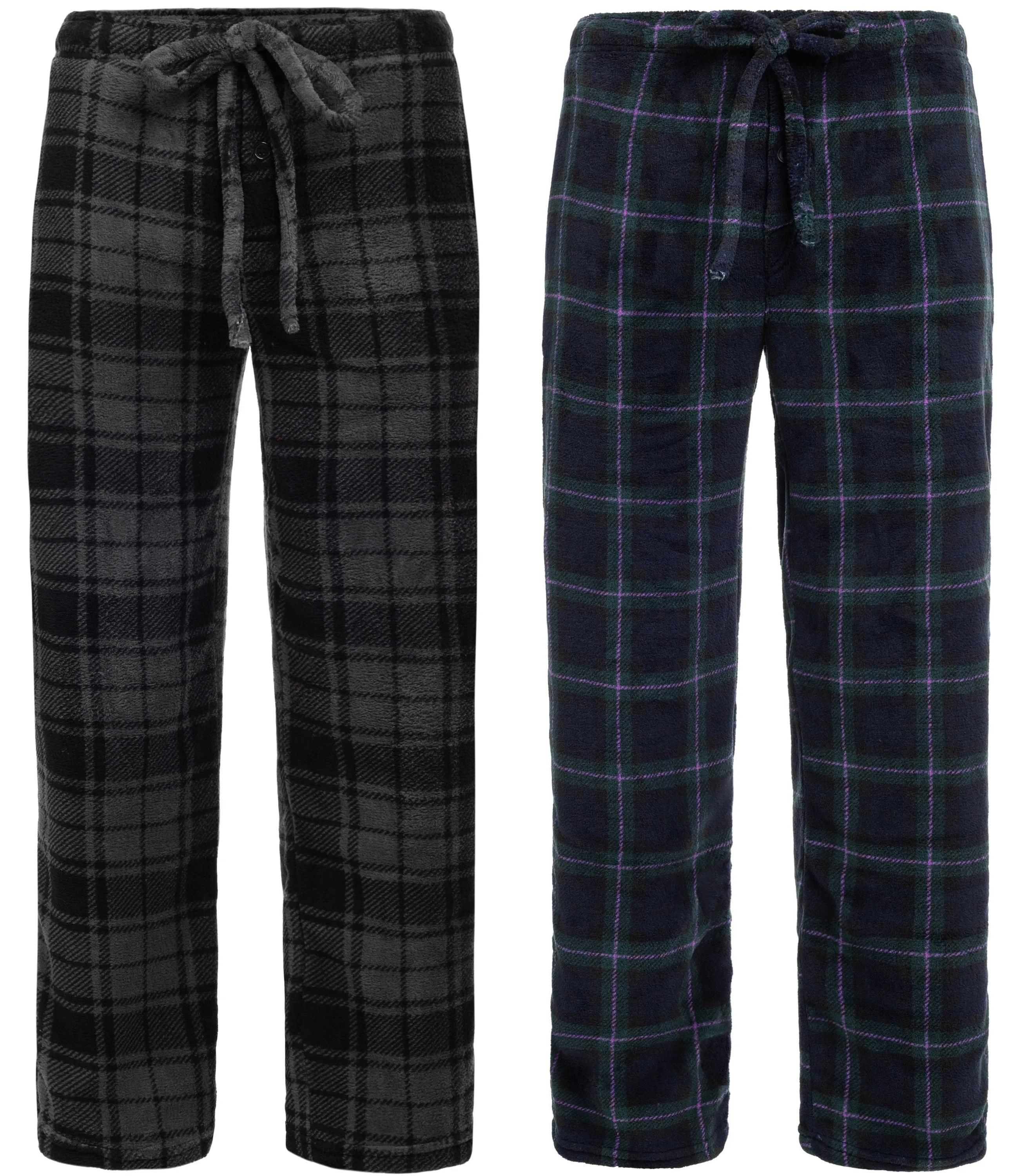 Men's 2-Pack Flannel Plaids Fleece Pajama Pants, Soft Plush Lounge PJ Bottoms