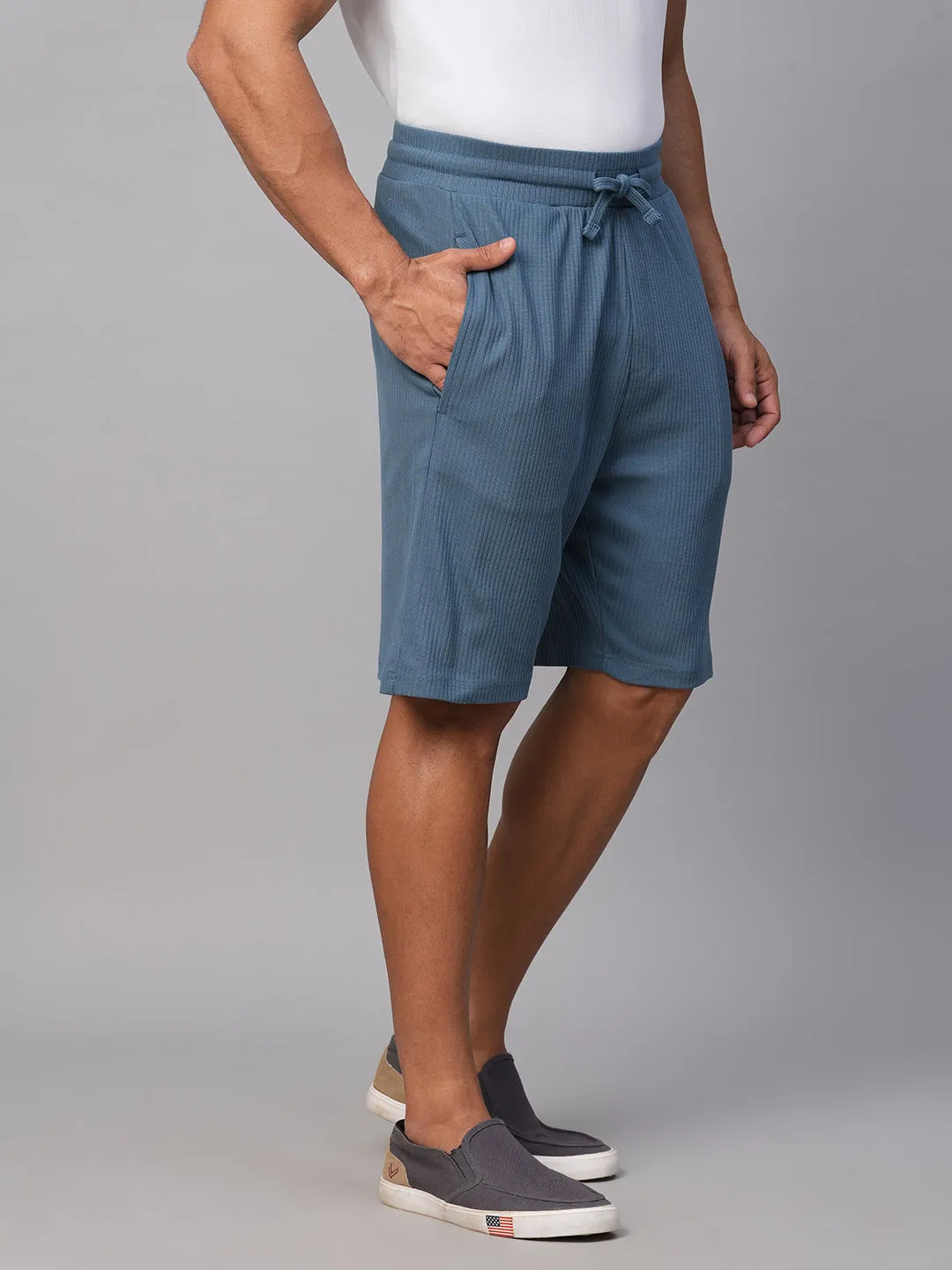 Men's Blue Cotton Elastane Regular Fit Shorts