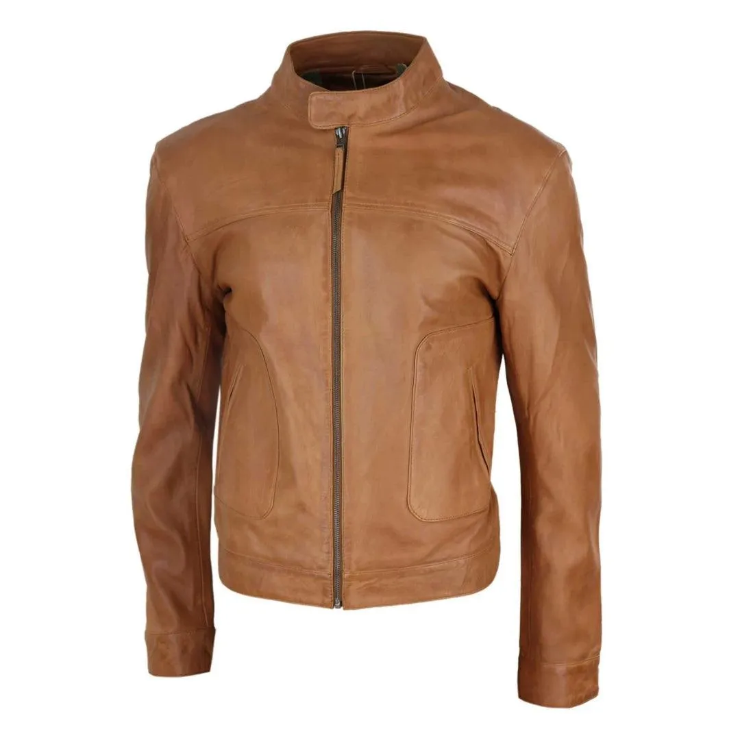 Mens Classic Casual Genuine Leather Biker Style Jacket Collarless Retro