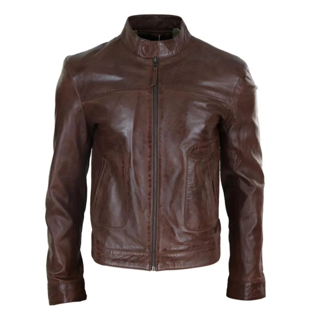 Mens Classic Casual Genuine Leather Biker Style Jacket Collarless Retro