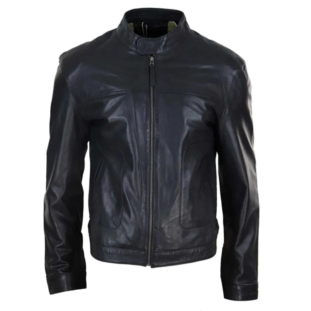 Mens Classic Casual Genuine Leather Biker Style Jacket Collarless Retro