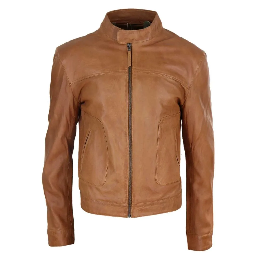 Mens Classic Casual Genuine Leather Biker Style Jacket Collarless Retro