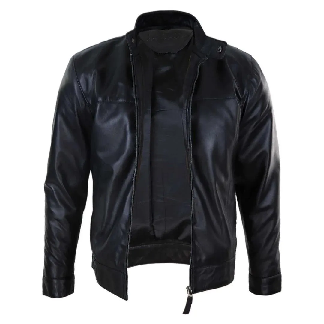 Mens Classic Zip Real Leather Jacket Nehru Grandad Collar Biker Style