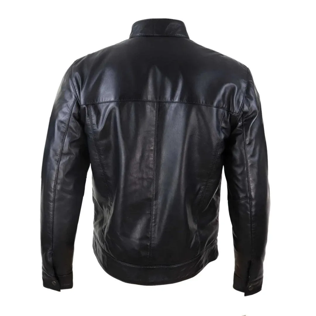 Mens Classic Zip Real Leather Jacket Nehru Grandad Collar Biker Style