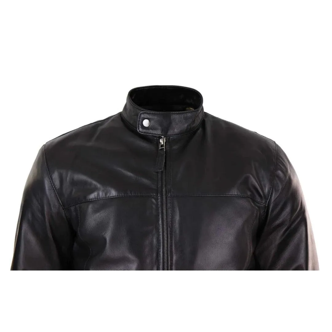 Mens Classic Zip Real Leather Jacket Nehru Grandad Collar Biker Style