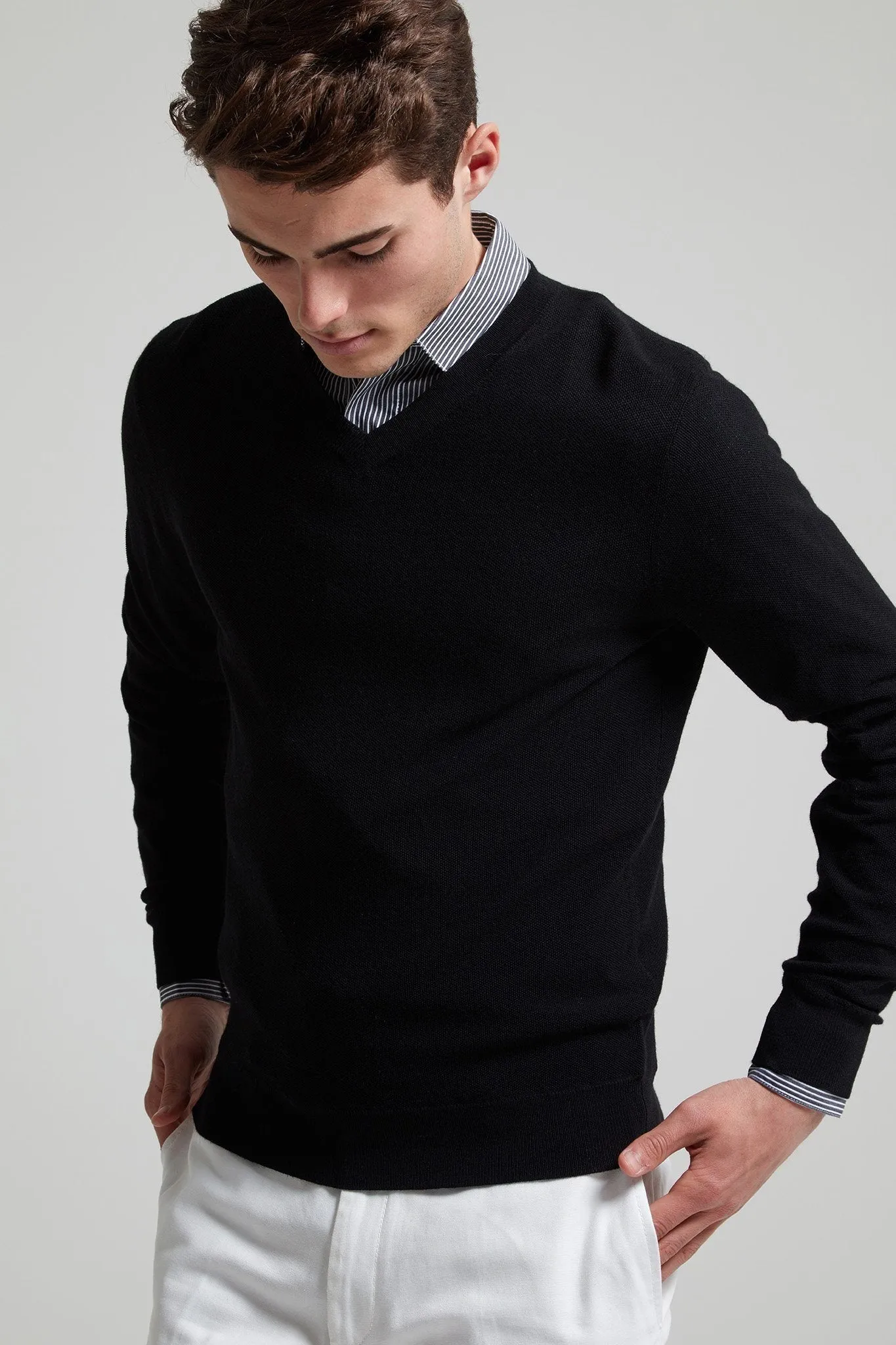 Merino Wool Moss Stitch V-Neck Sweater