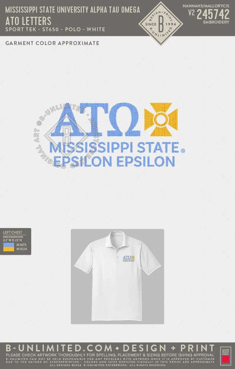 Mississippi State University Alpha Tau Omega - ATO Letters - Sport Tek - ST650 - Polo - White