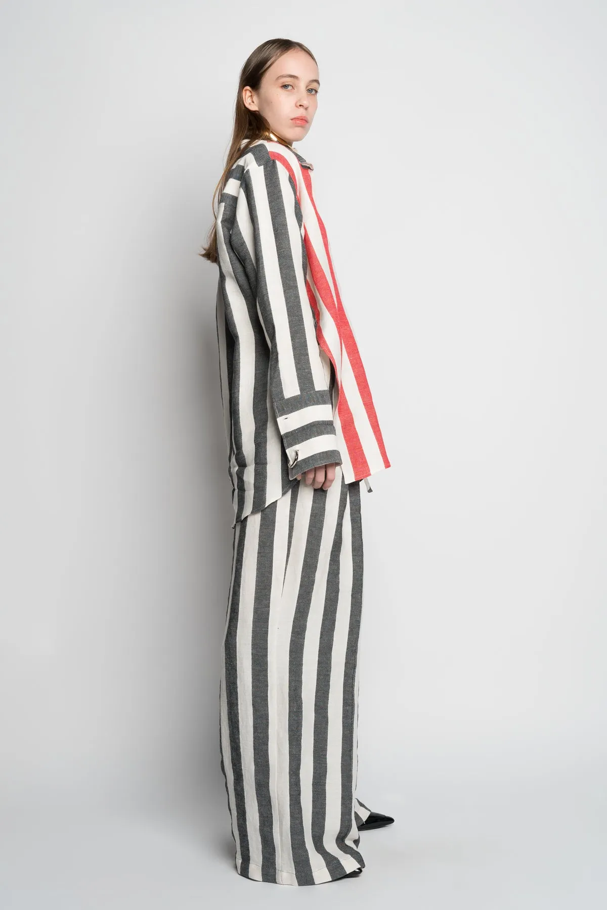 MIXED STRIPES LINEN WRAP SHIRT