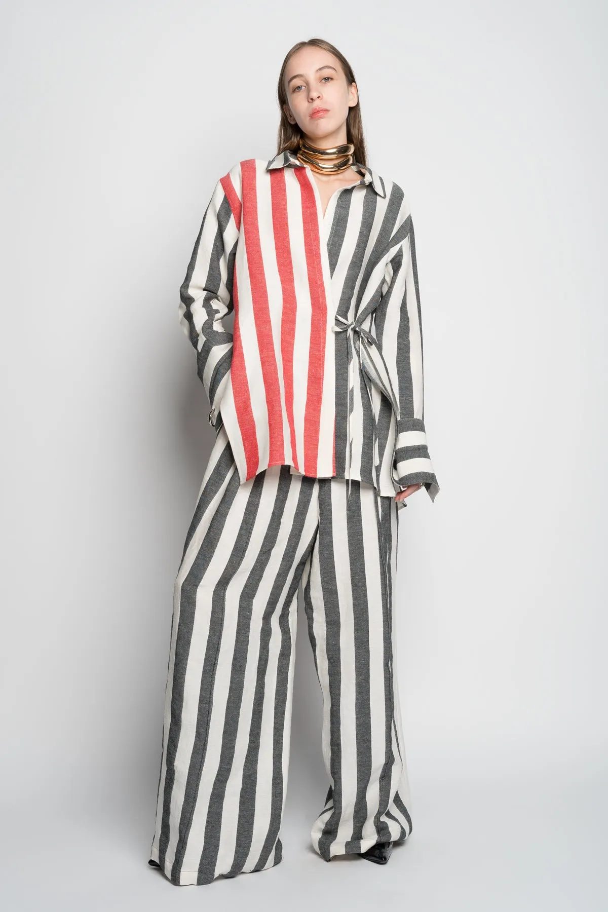 MIXED STRIPES LINEN WRAP SHIRT