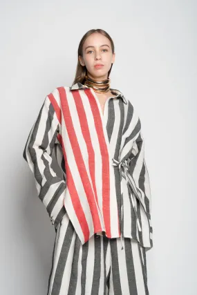 MIXED STRIPES LINEN WRAP SHIRT