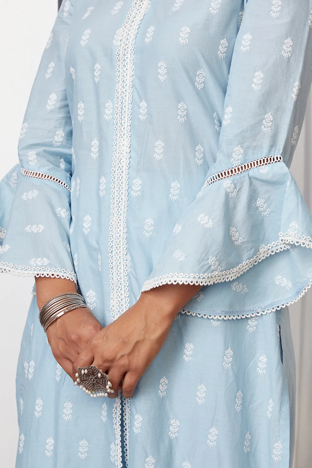 Mulmul Cotton Escapade Light Blue Kurta With Escapade Light Blue Palazzo